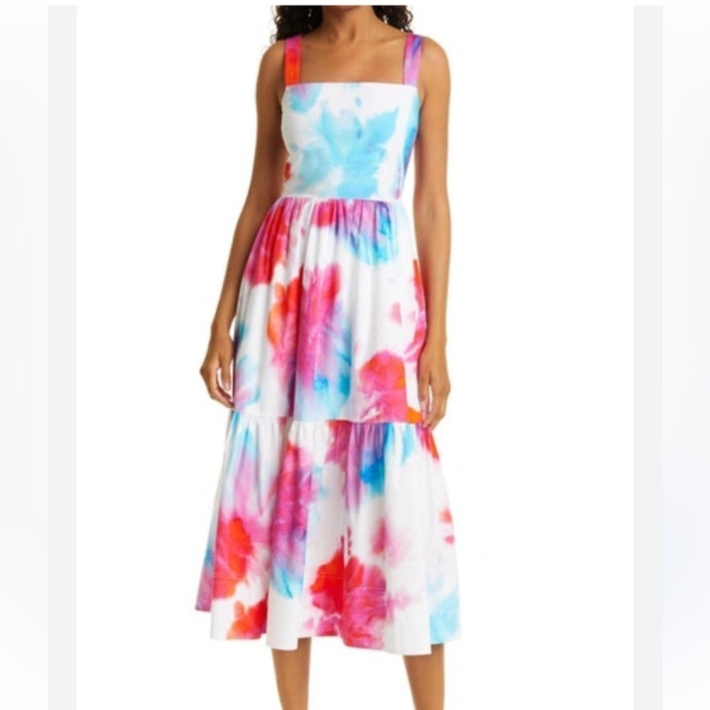 Tanya Taylor Watercolor Print Square Neck Midi Dress Tiered Skirt